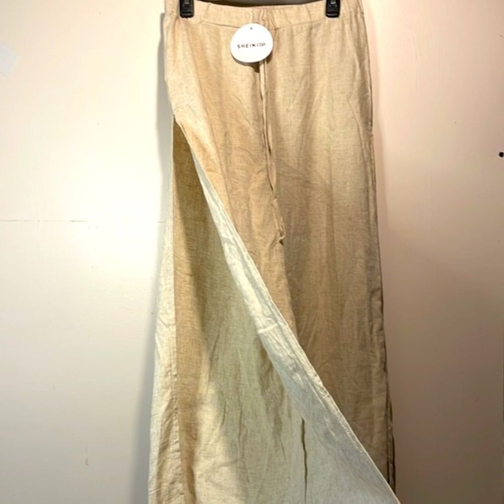 SHEIN- NWT Linen Blend Vcay Wide Leg Full Side Slit Beach Vacation Pants Size L - Picture 5 of 7